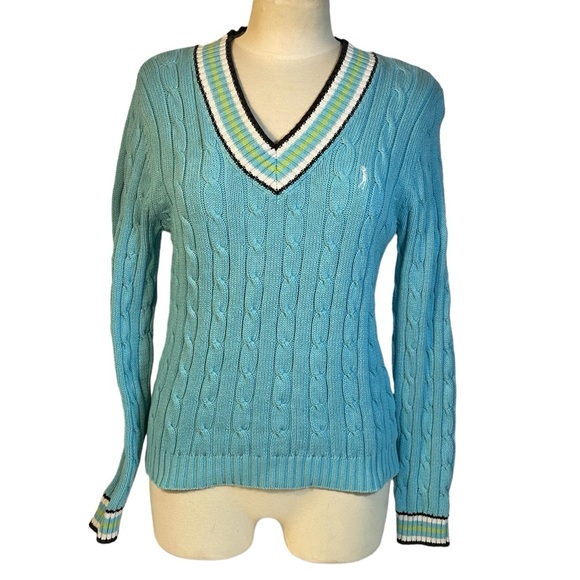 Vintage Izod Women’s Teal V Neck Cotton Golf Pullover Cable Knit  Sweater Sz M - Picture 1 of 10